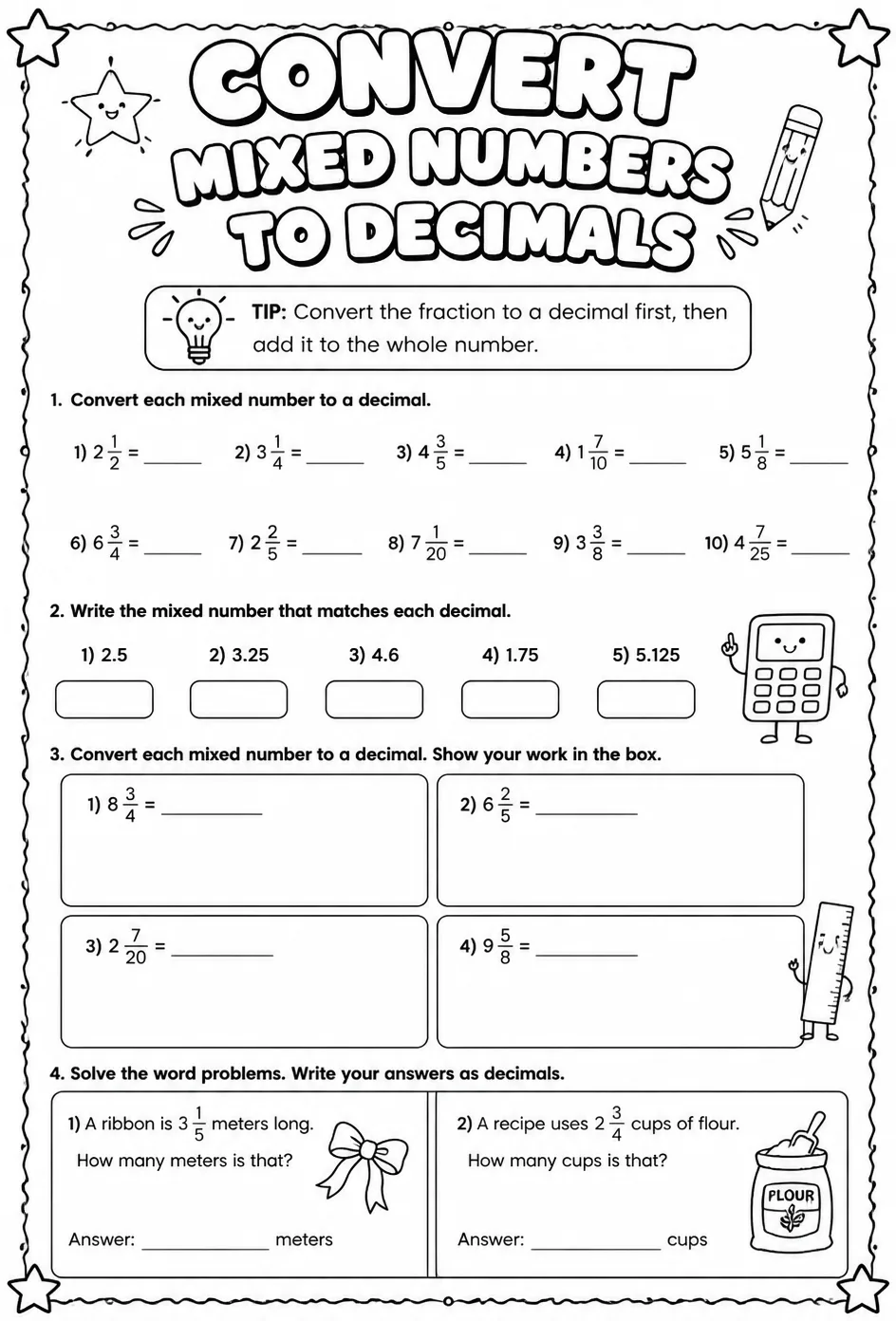 Convert mixed numbers to decimals