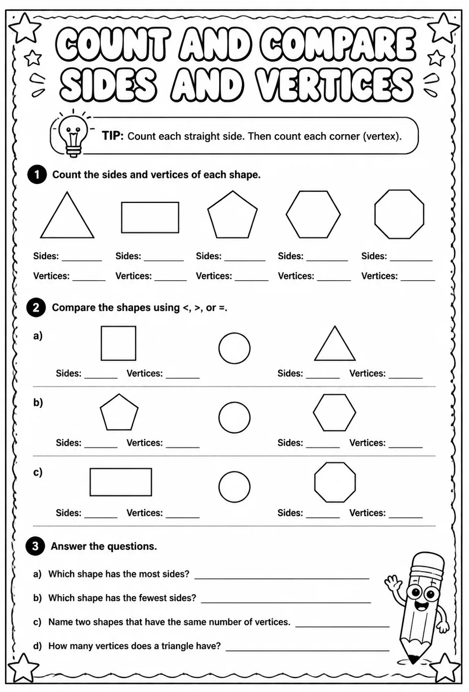 Count and compare sides and vertices