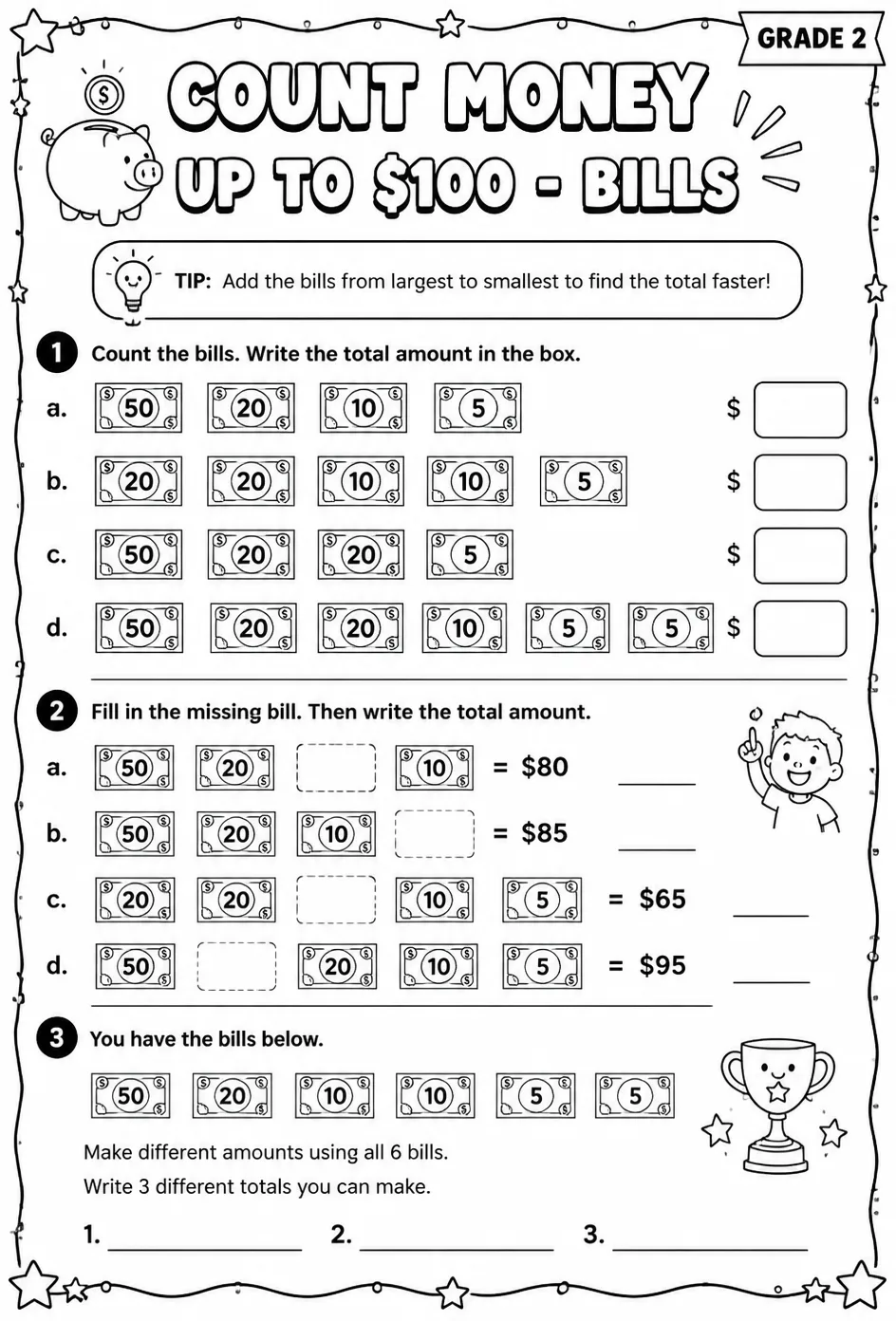 Count money up to $100 - bills