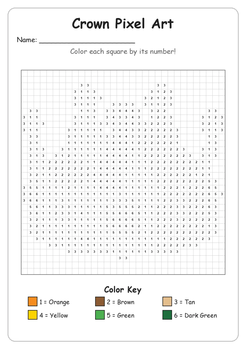 Crown Pixel Art — Color by Number (Grade 2)