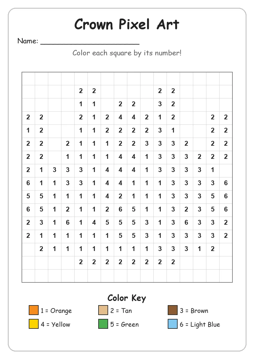 Crown Pixel Art — Color by Number (Kindergarten)