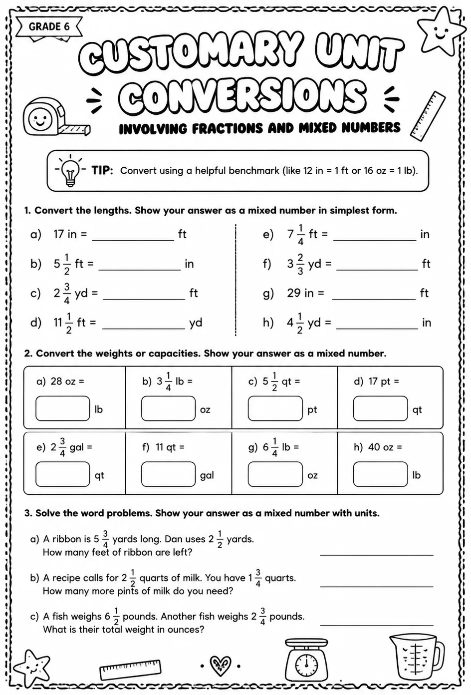 Customary unit conversions involving fractions and mixed numbers