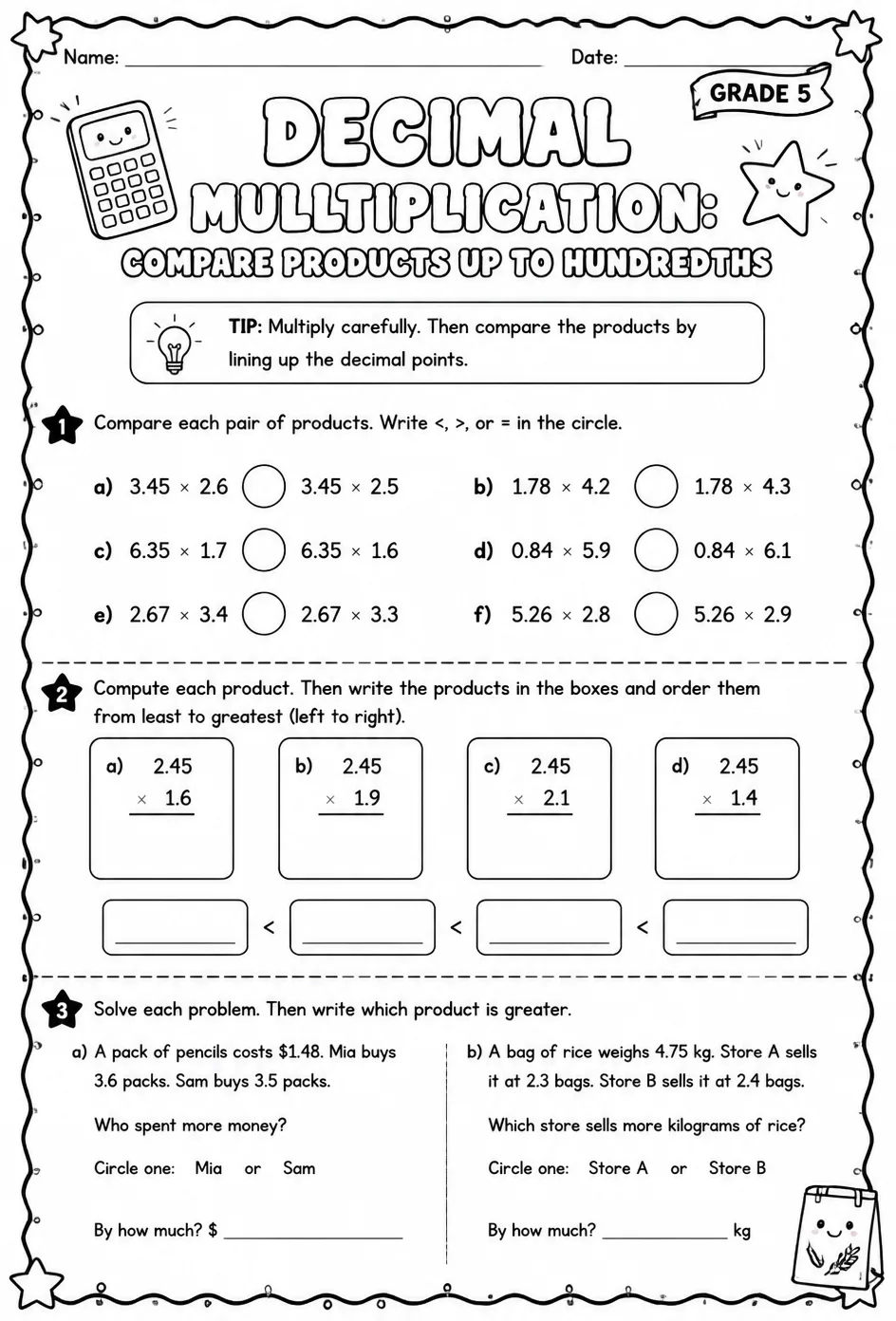 Decimal multiplication: compare products up to hundredths