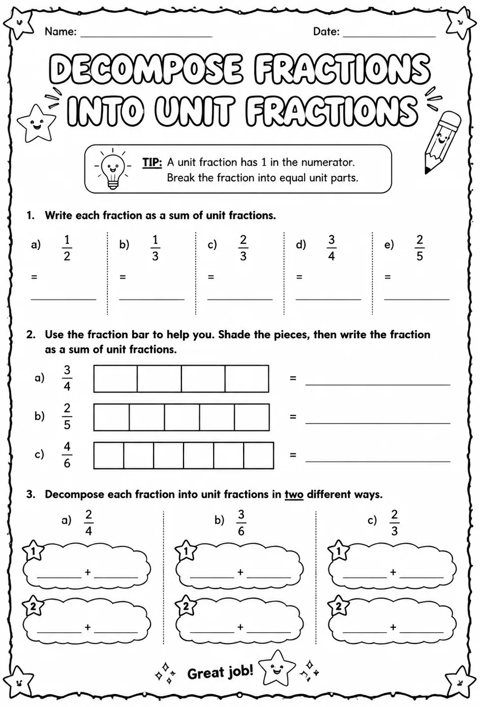 Decompose fractions into unit fractions