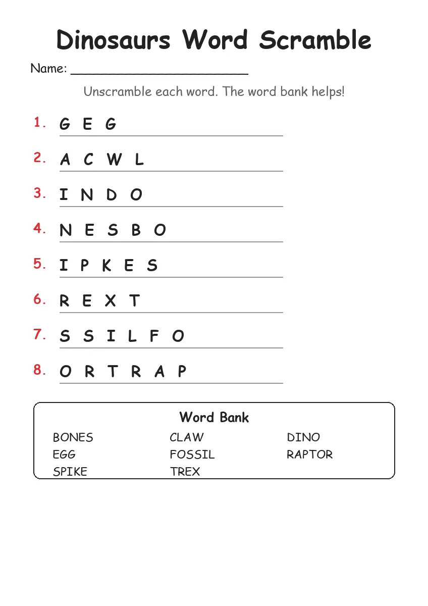 Dinosaurs Word Scramble (Grade 1)