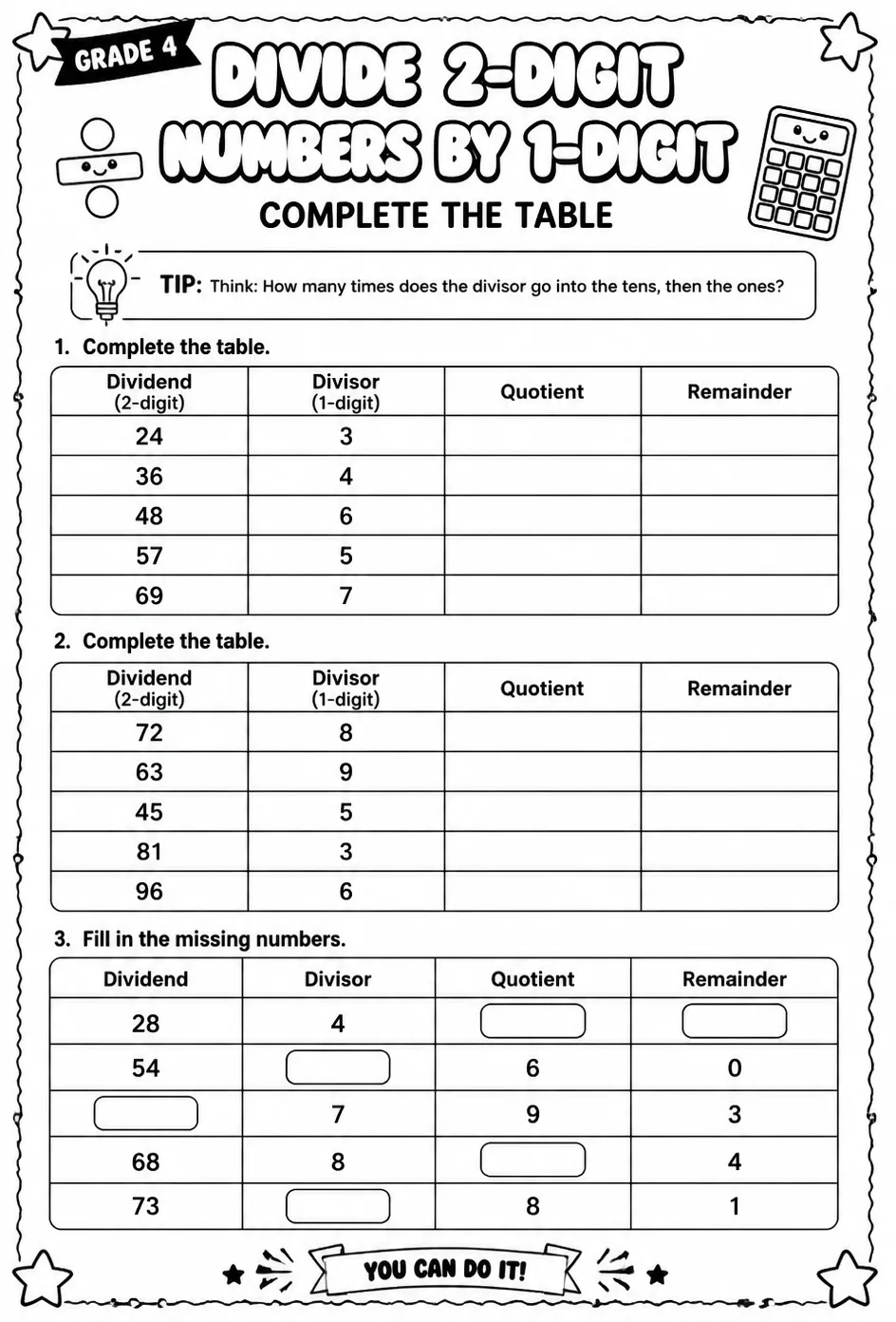Divide 2-digit numbers by 1-digit numbers: complete the table