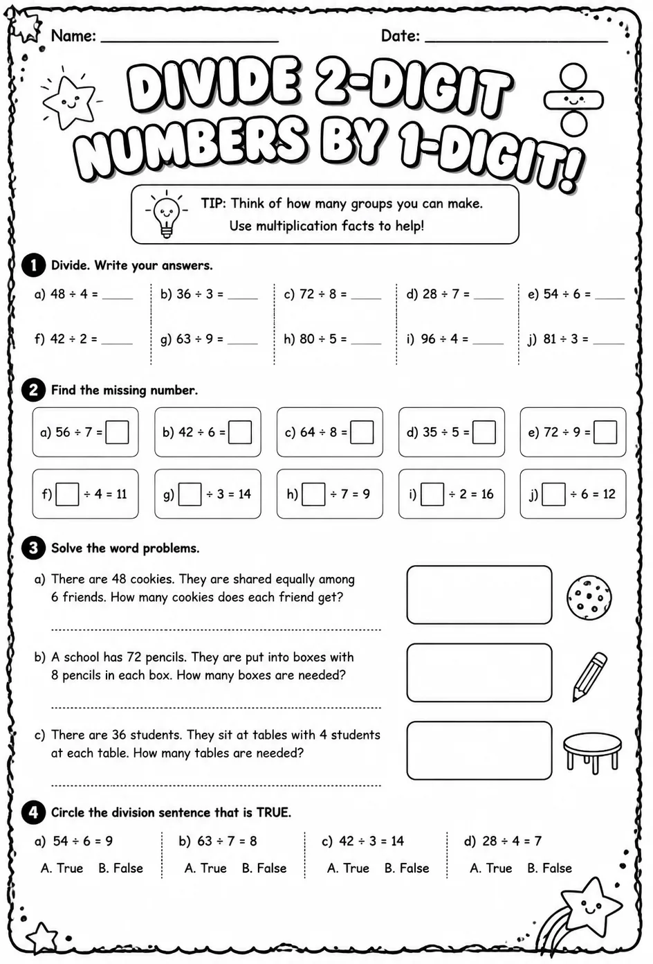 Divide 2-digit numbers by 1-digit numbers