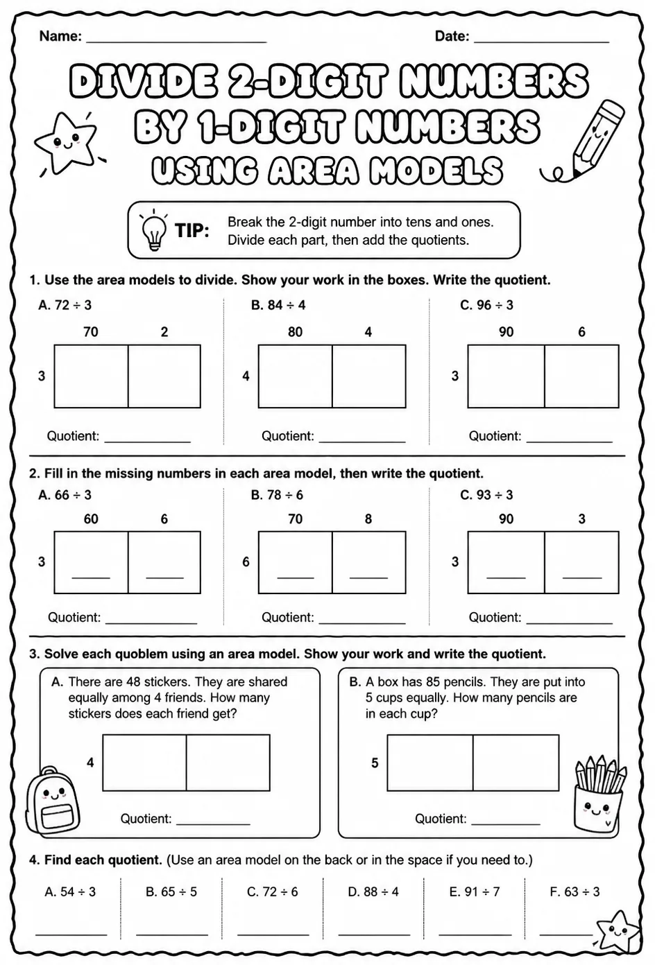 Divide 2-digit numbers by 1-digit numbers using area models