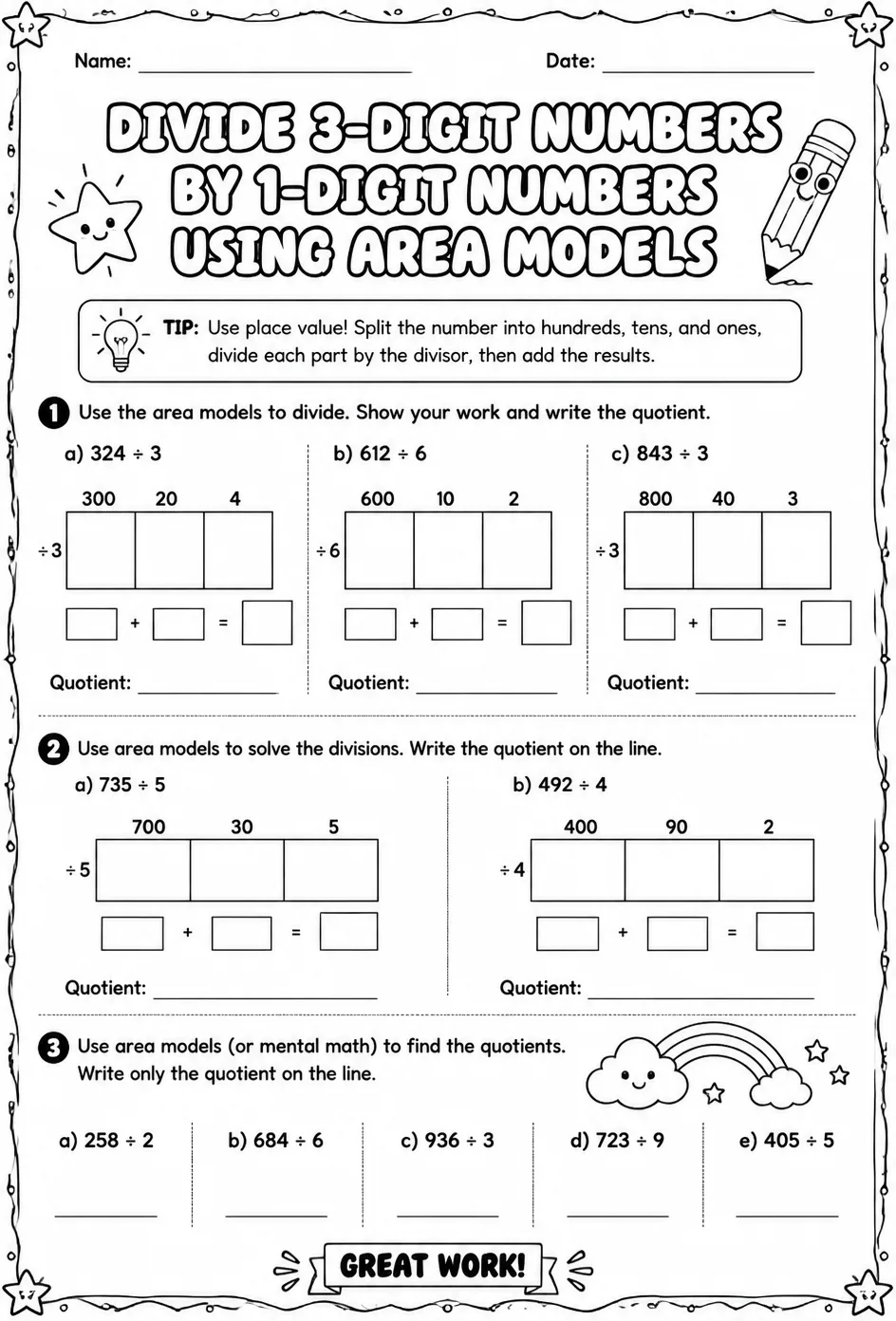 Divide 3-digit numbers by 1-digit numbers using area models