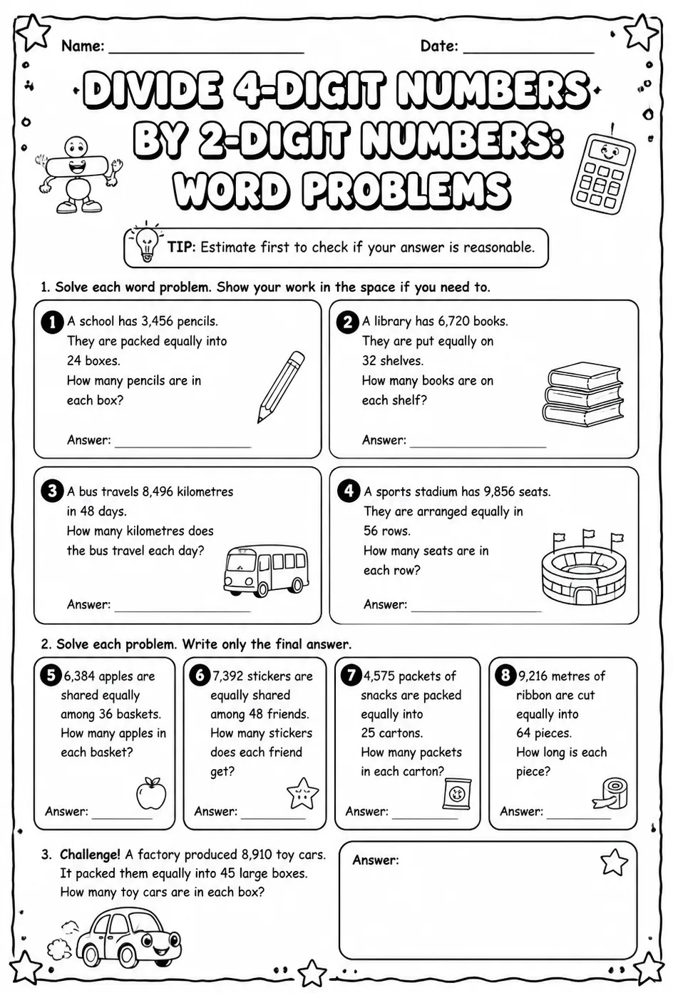 Divide 4-digit numbers by 2-digit numbers: word problems