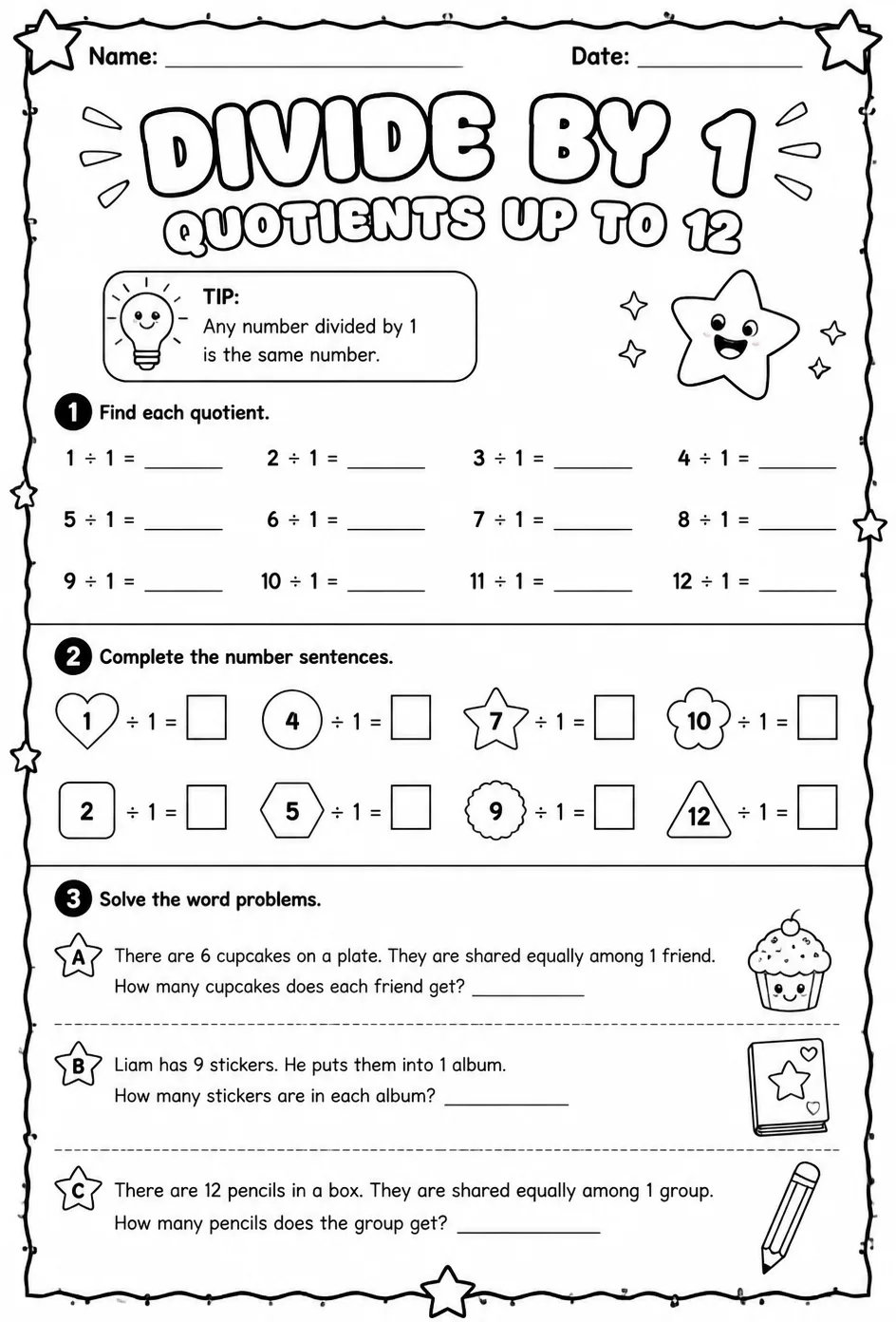 Divide by 1: quotients up to 12