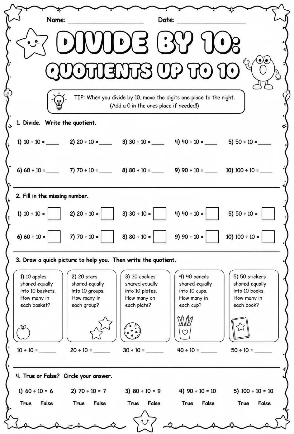 Divide by 10: quotients up to 10