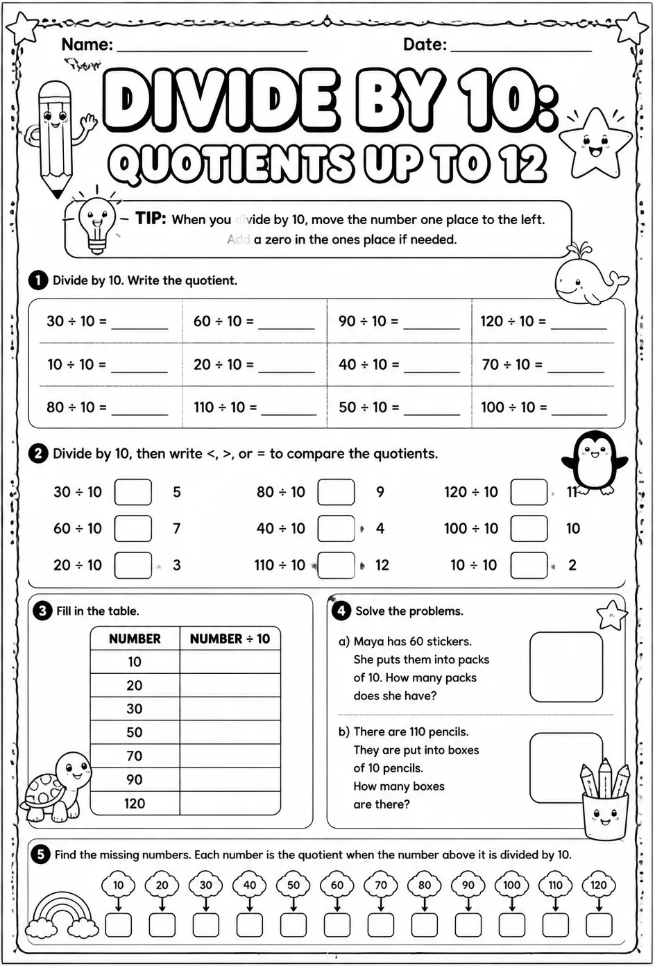 Divide by 10: quotients up to 12
