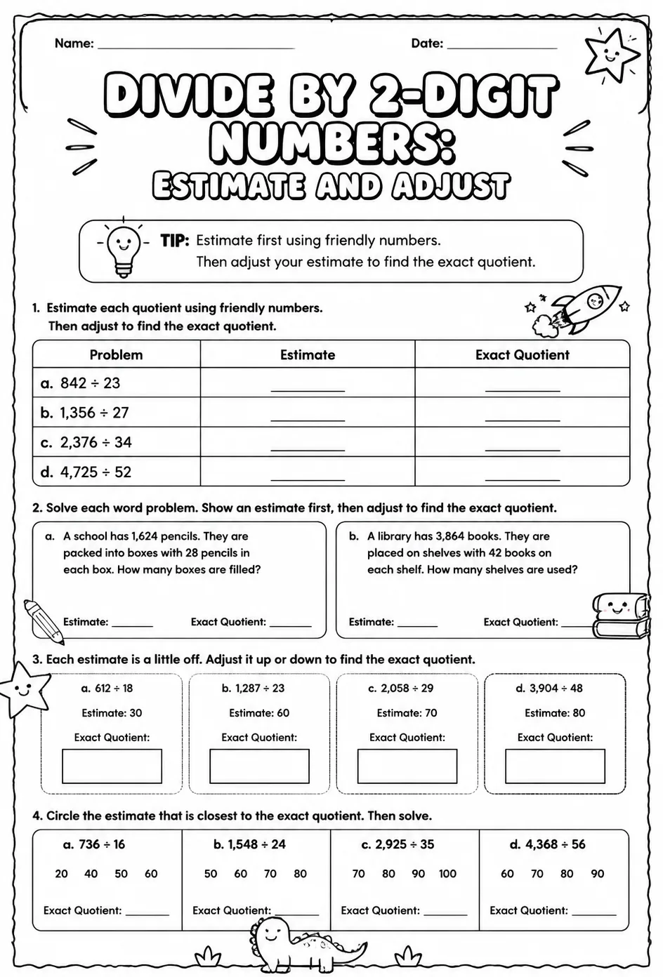 Divide by 2-digit numbers: estimate and adjust