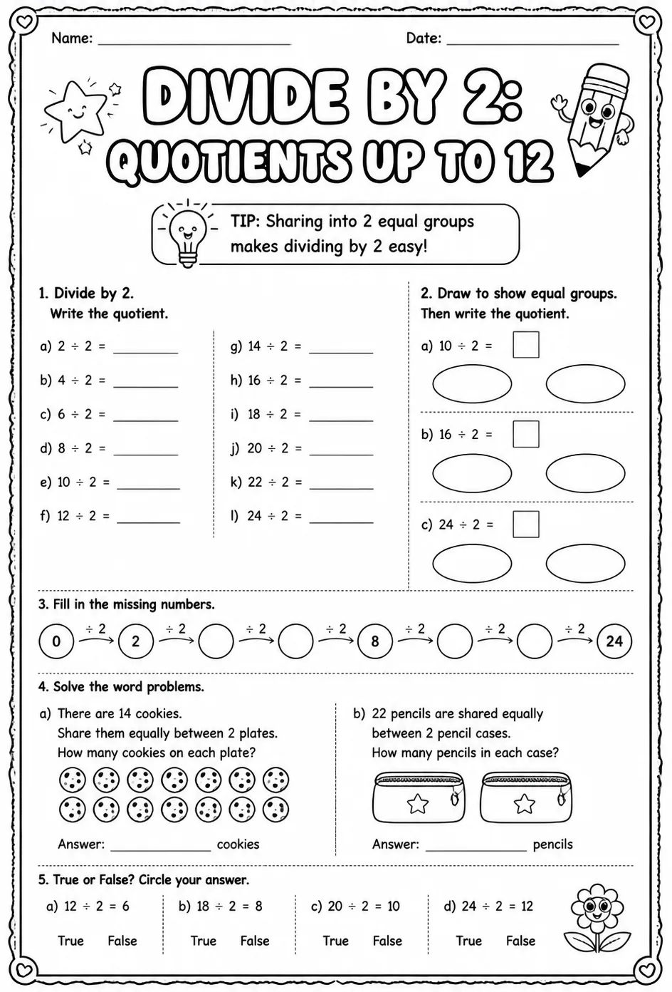 Divide by 2: quotients up to 12