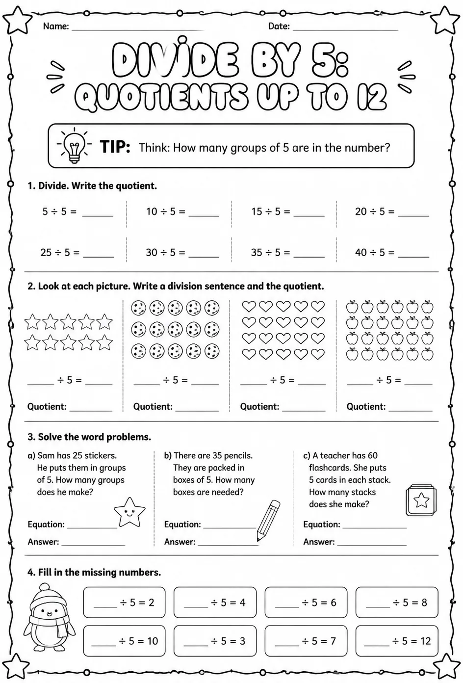 Divide by 5: quotients up to 12
