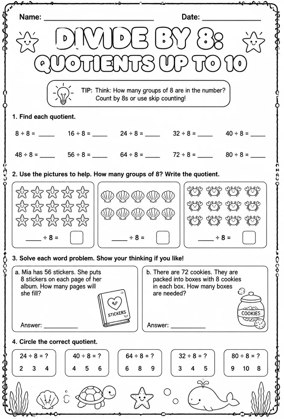 Divide by 8: quotients up to 10