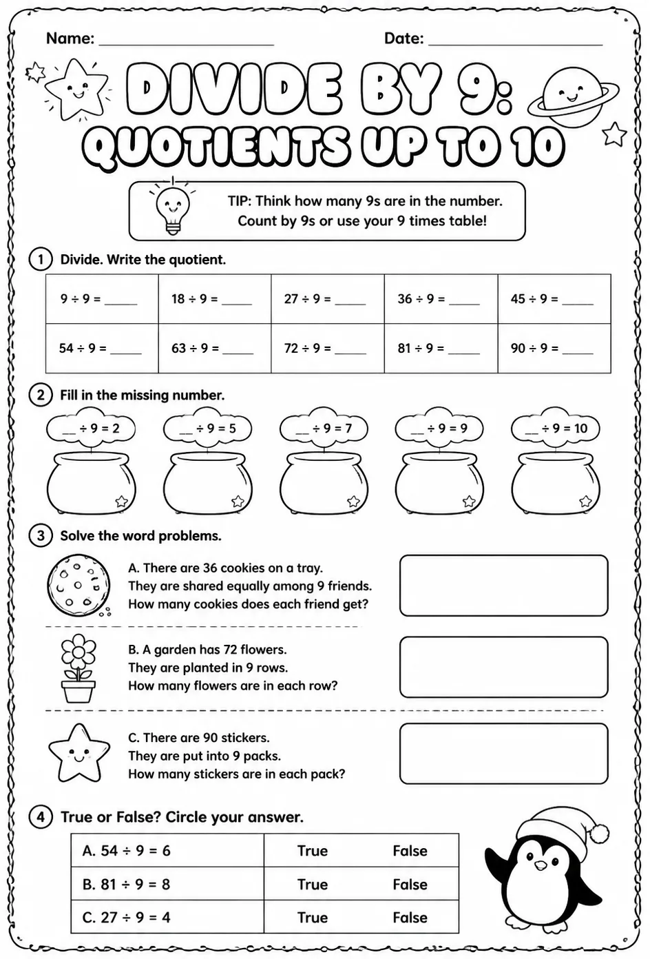 Divide by 9: quotients up to 10