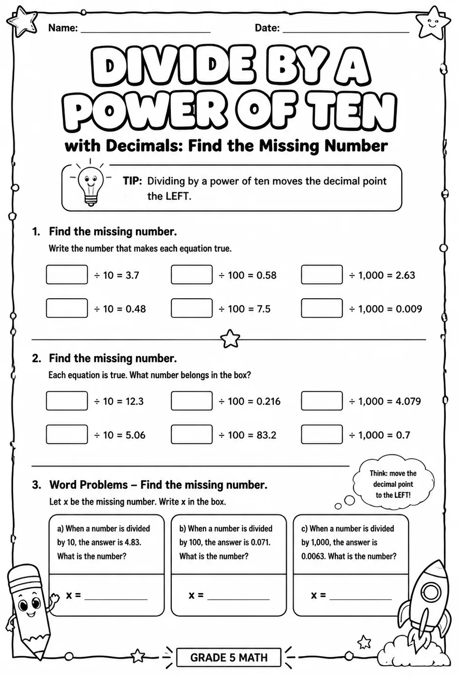 Divide by a power of ten with decimals: find the missing number