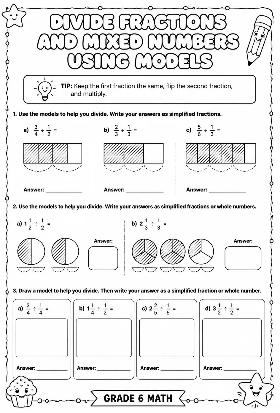 Divide fractions and mixed numbers using models