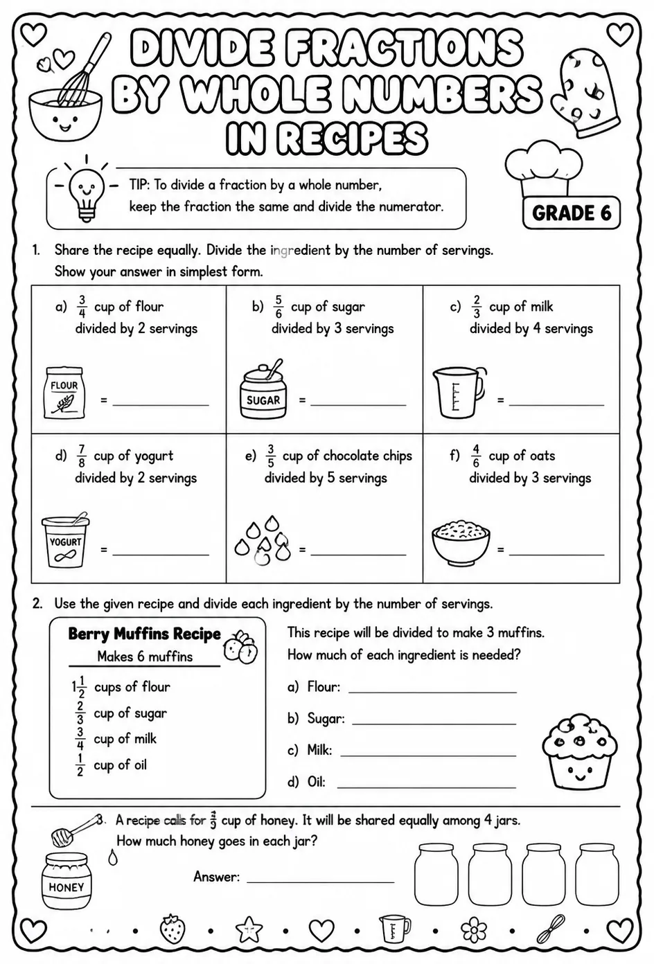 Divide fractions by whole numbers in recipes