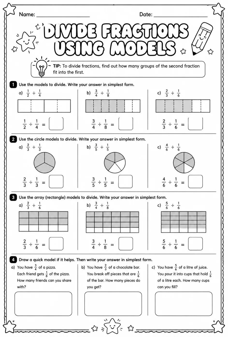 Divide fractions using models