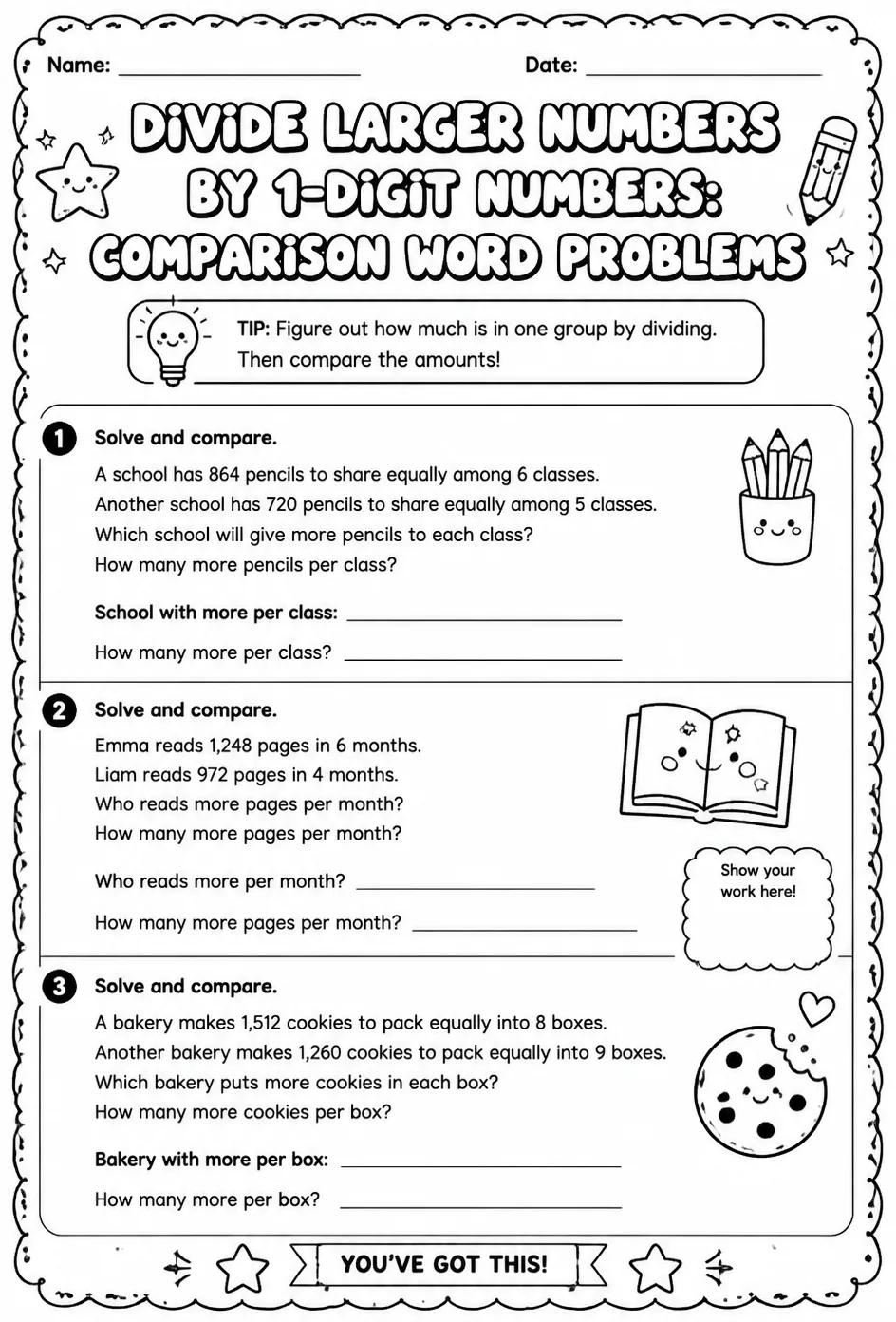 Divide larger numbers by 1-digit numbers: comparison word problems