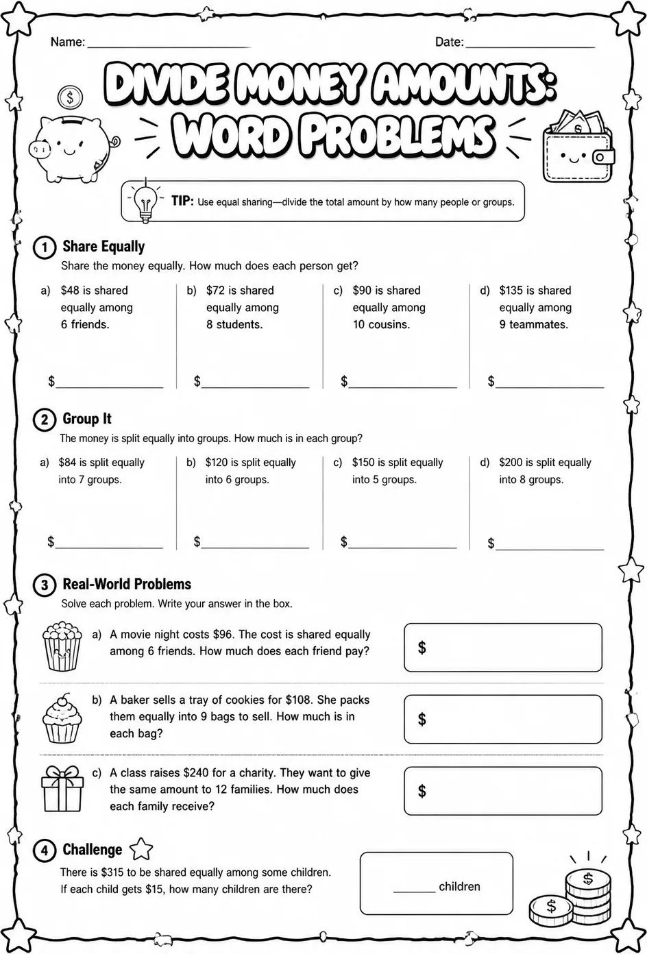 Divide money amounts: word problems