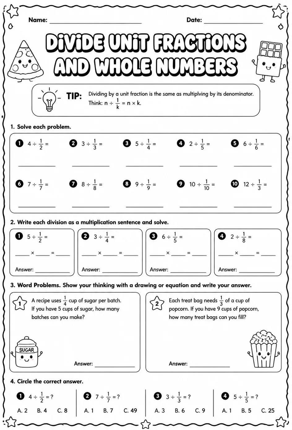 Divide unit fractions and whole numbers