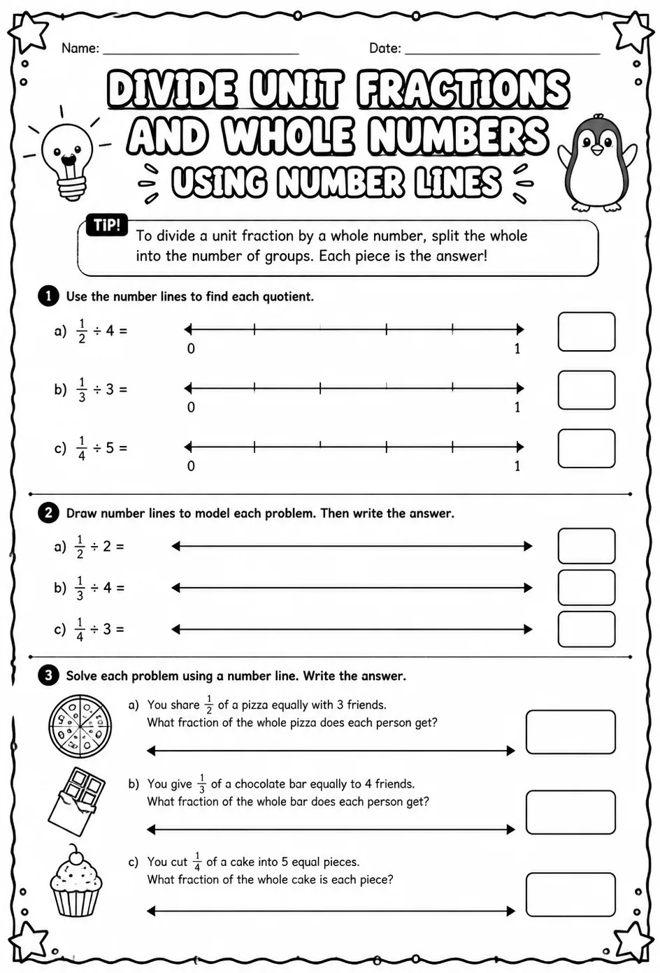 Divide unit fractions and whole numbers using number lines