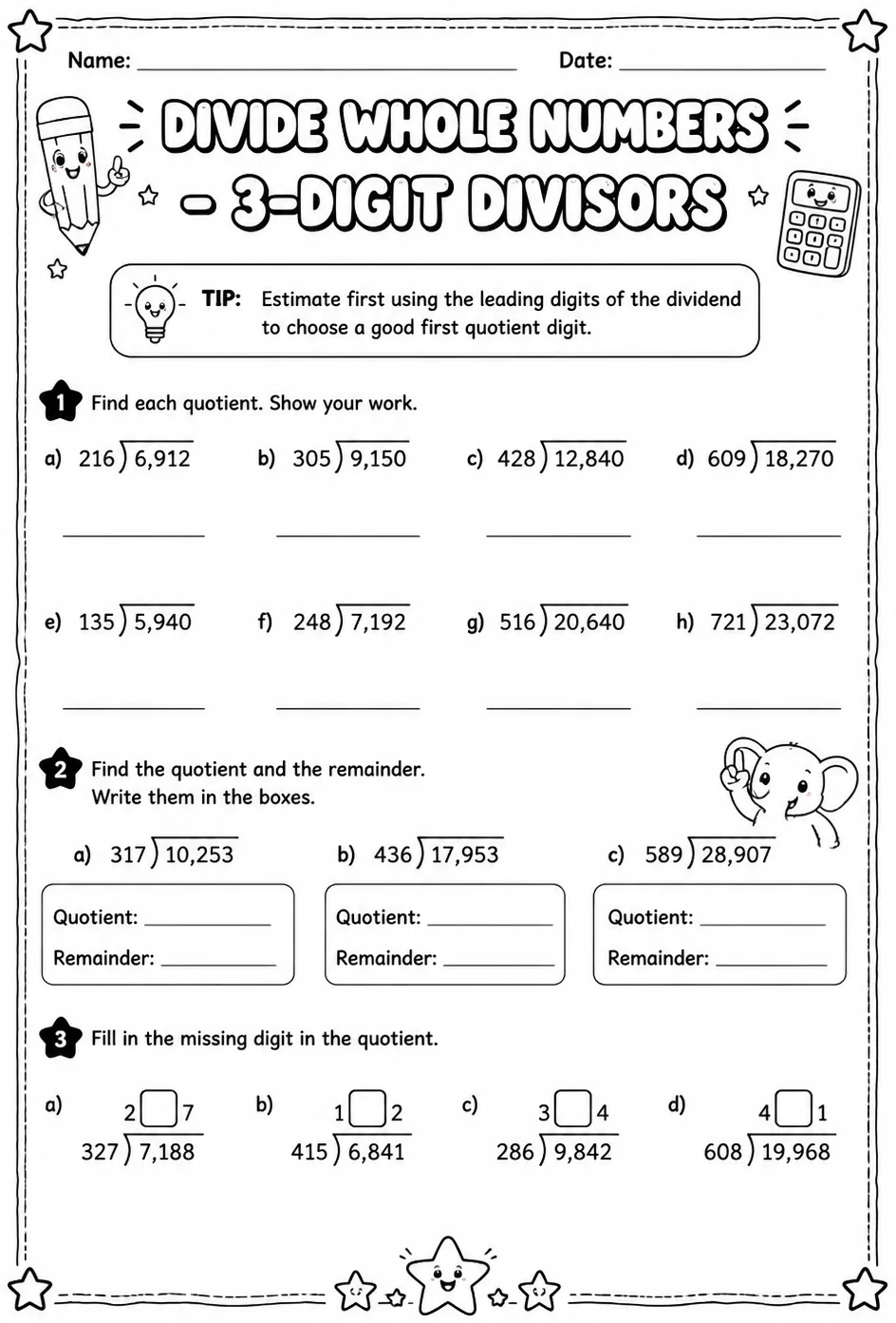 Divide whole numbers - 3-digit divisors