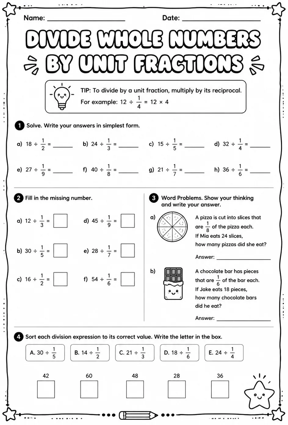 Divide whole numbers by unit fractions