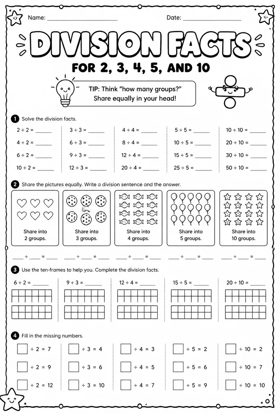 Division facts for 2, 3, 4, 5, and 10