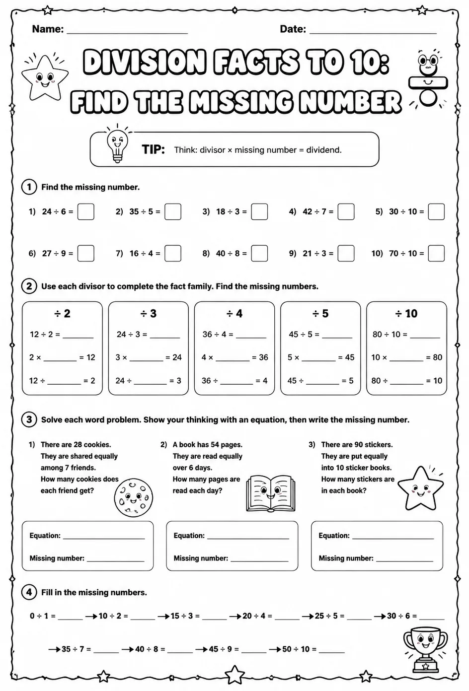Division facts to 10: find the missing number