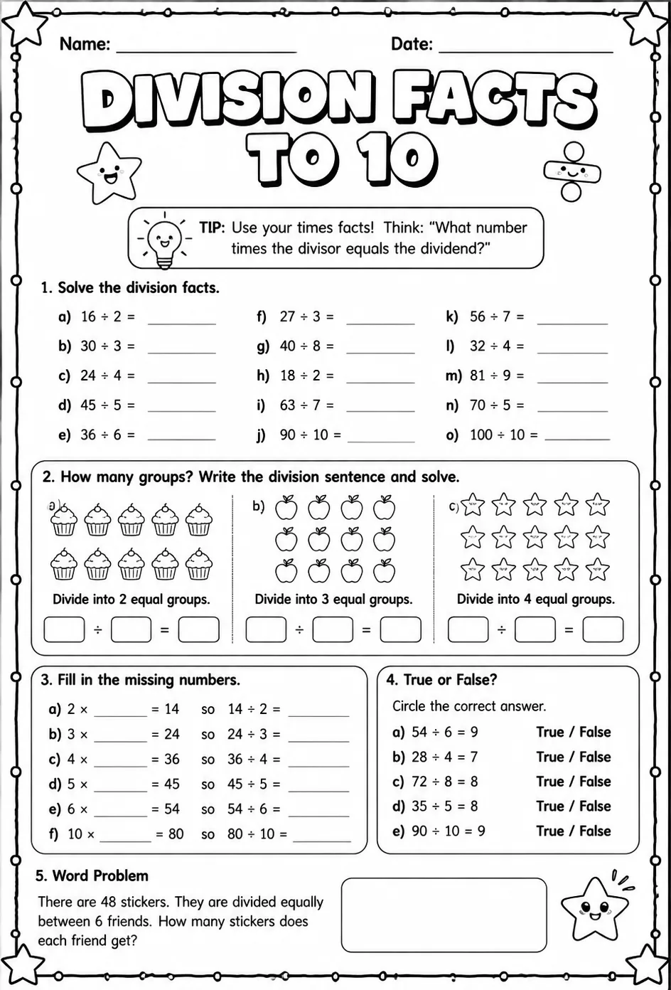Division facts to 10