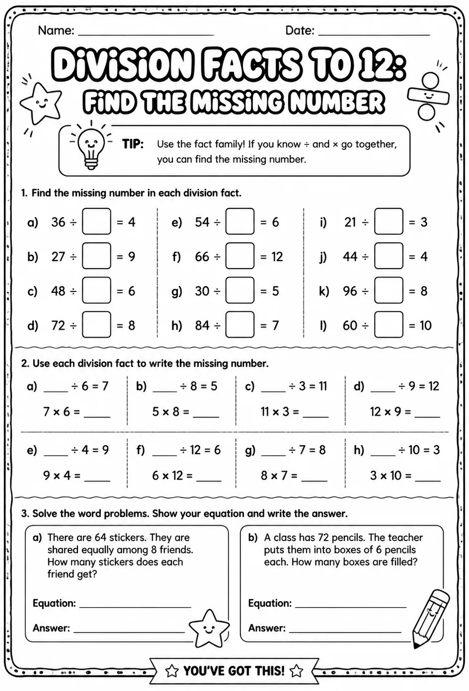 Division facts to 12: find the missing number