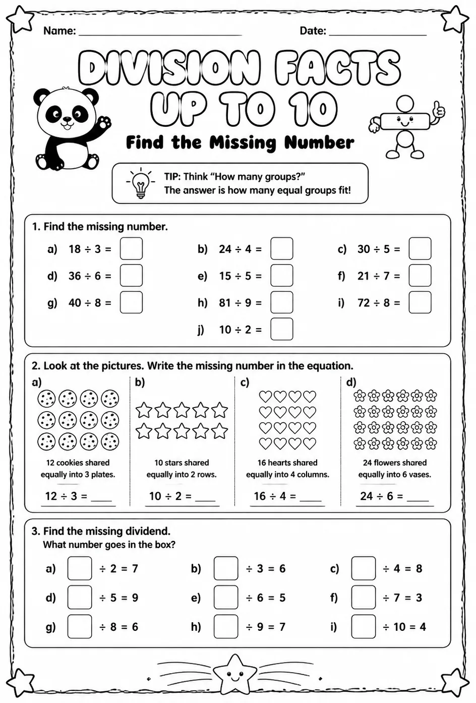 Division facts up to 10: find the missing number