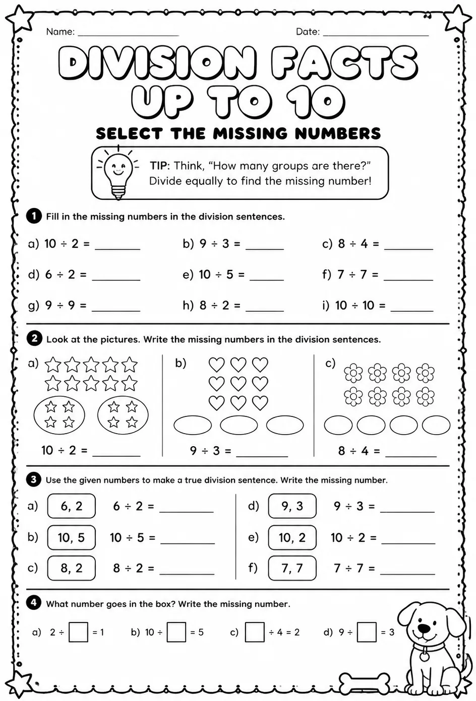 Division facts up to 10: select the missing numbers
