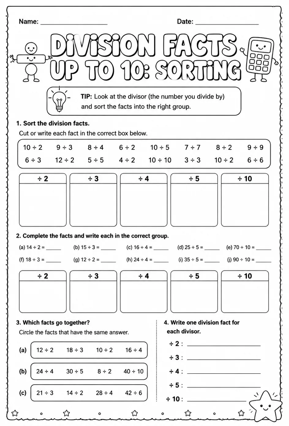 Division facts up to 10: sorting