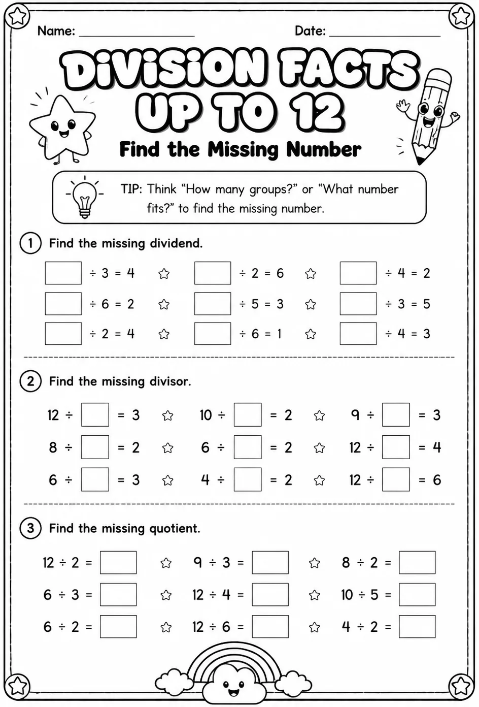 Division facts up to 12: find the missing number