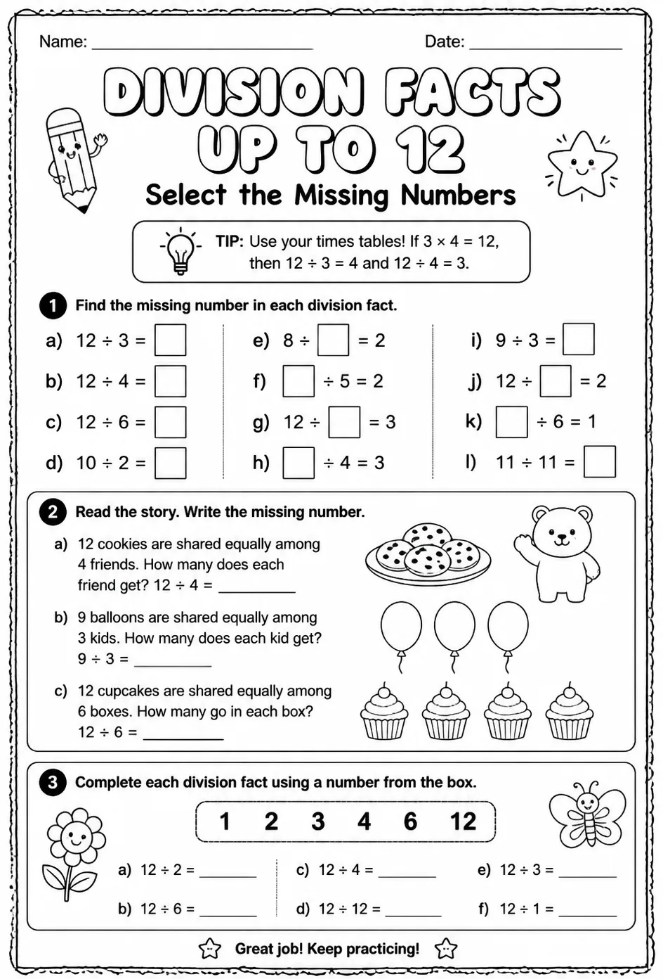 Division facts up to 12: select the missing numbers
