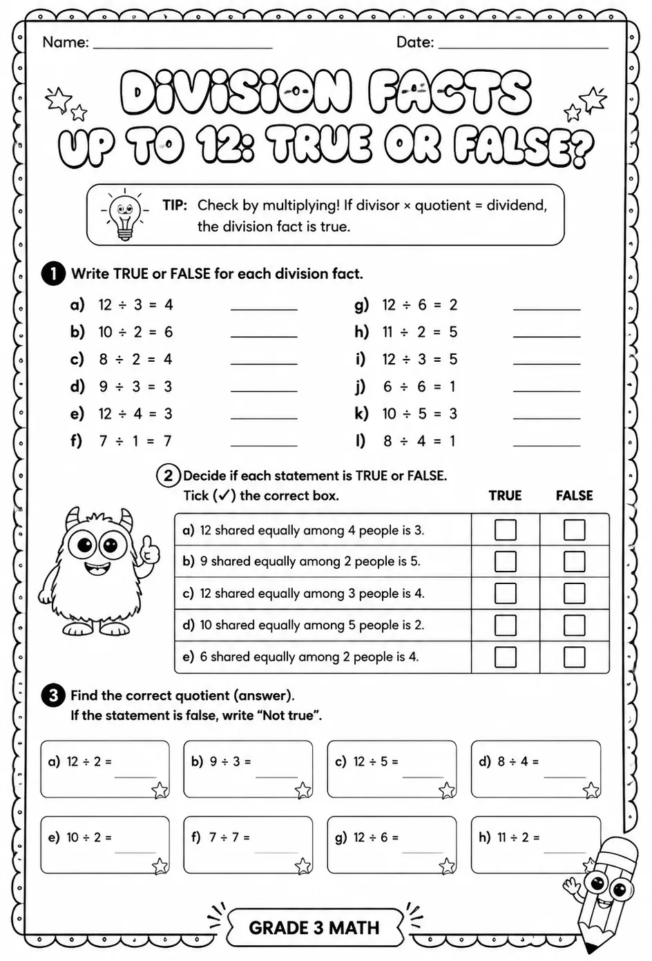 Division facts up to 12: true or false?