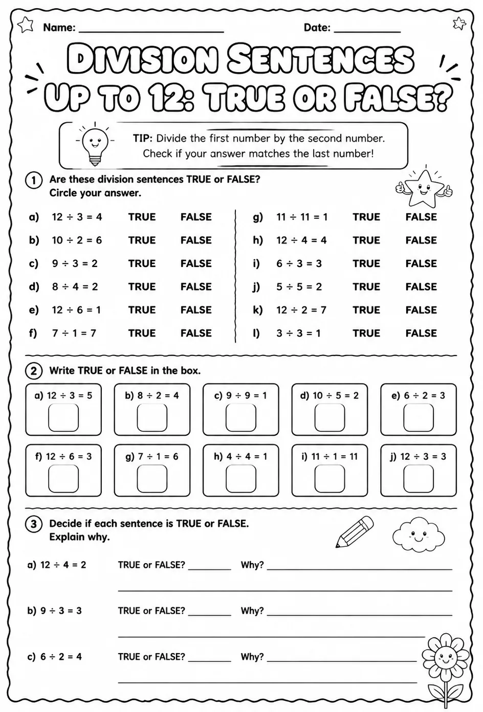 Division sentences up to 12: true or false?