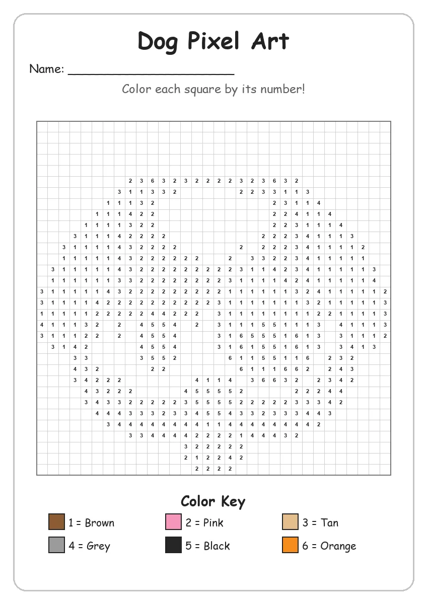 Dog Pixel Art — Color by Number (Grade 2)