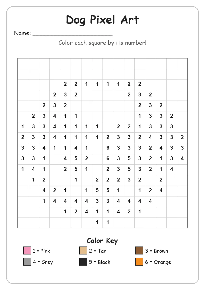 Dog Pixel Art — Color by Number (Kindergarten)