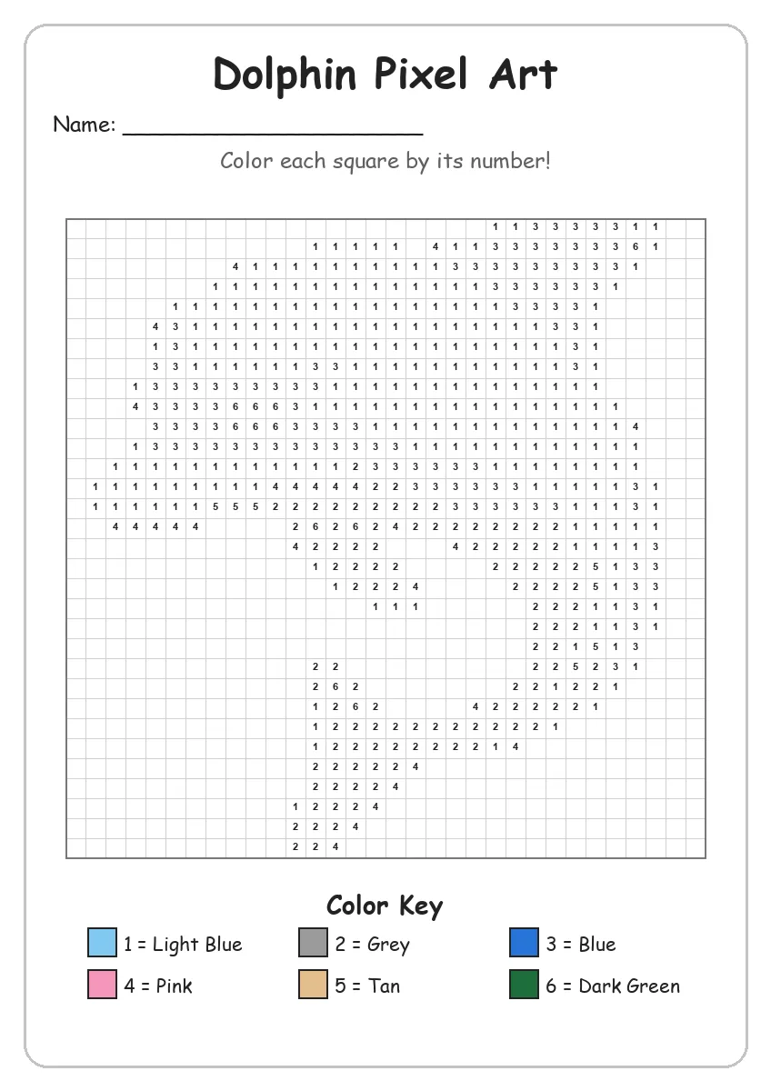 Dolphin Pixel Art — Color by Number (Grade 2)