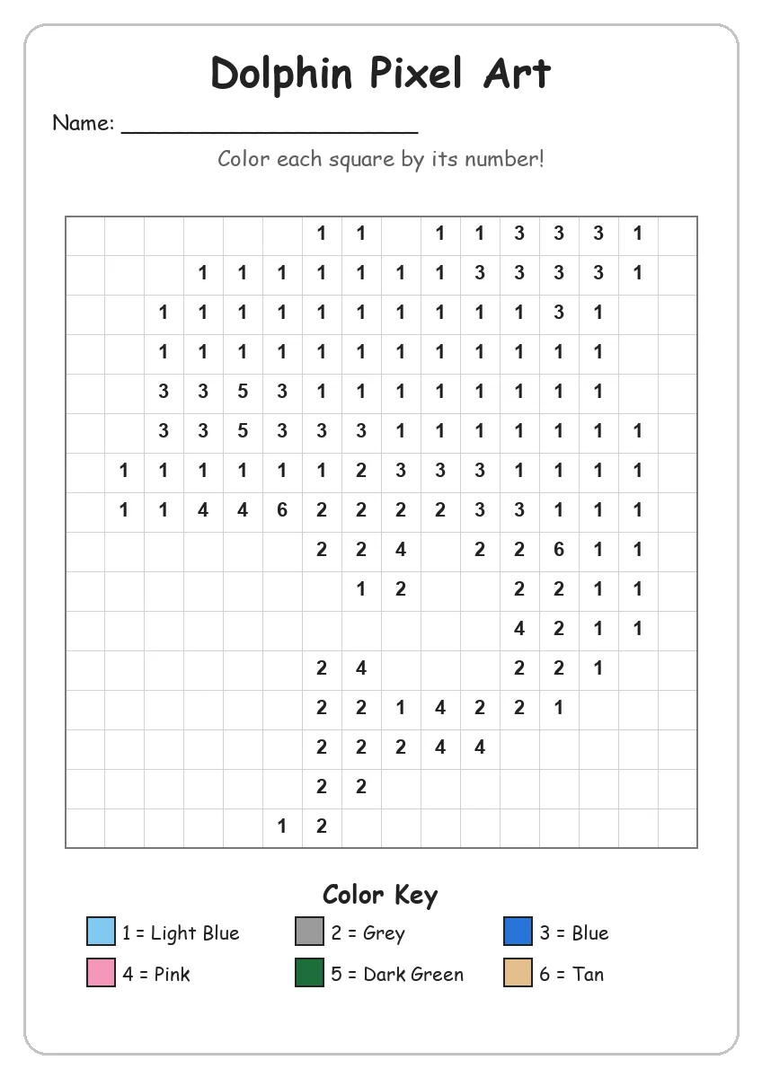 Dolphin Pixel Art — Color by Number (Kindergarten)