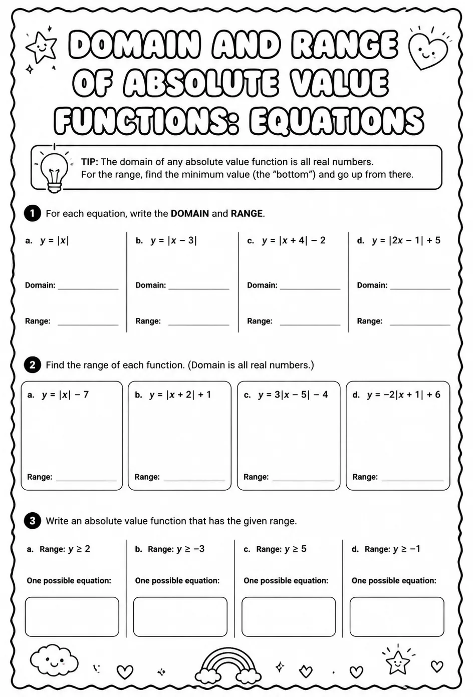 Domain and range of absolute value functions: equations