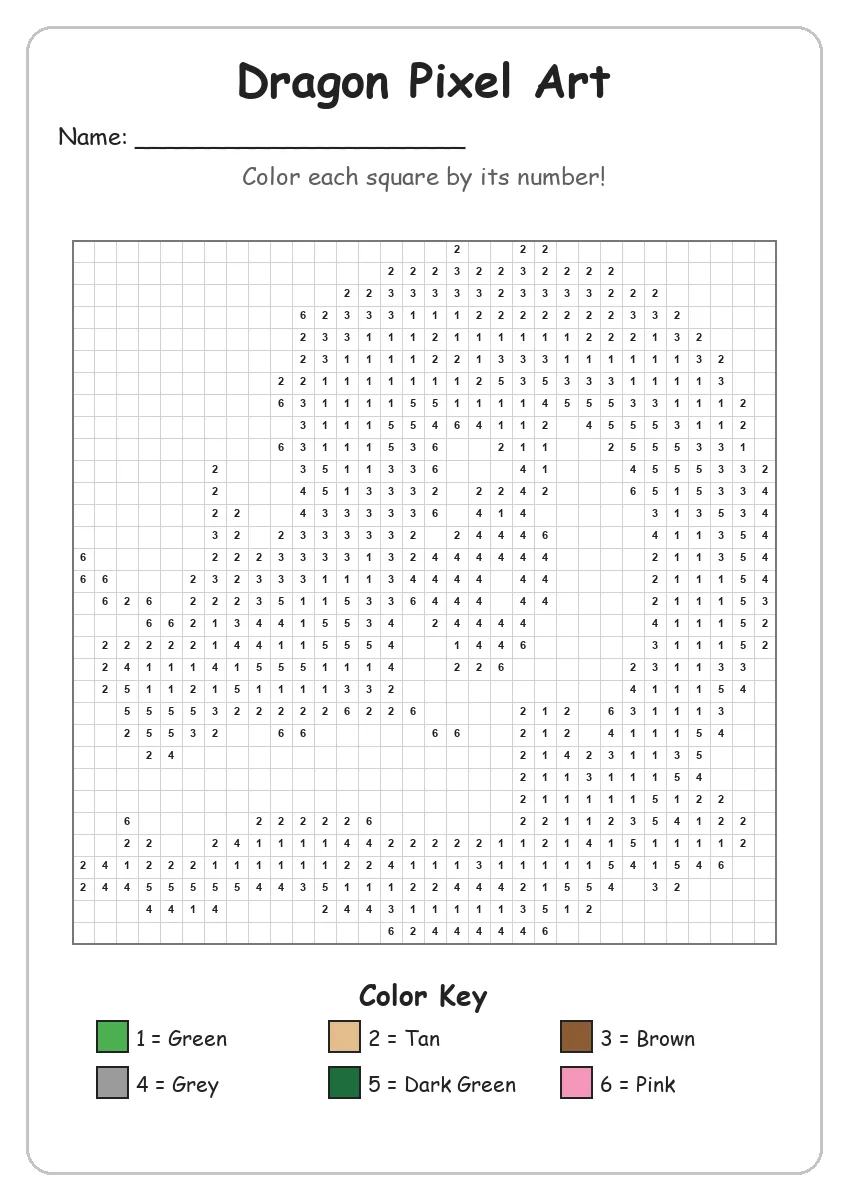 Dragon Pixel Art — Color by Number (Grade 2)