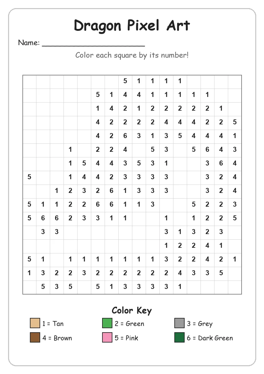 Dragon Pixel Art — Color by Number (Kindergarten)